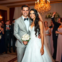 A beautiful Russian bride and former gymnast, with long dark hair cascading down to her waist, on her wedding day