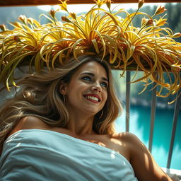 A photorealistic close-up portrait of a European woman lying in bed on a balcony, smiling as she gazes outside