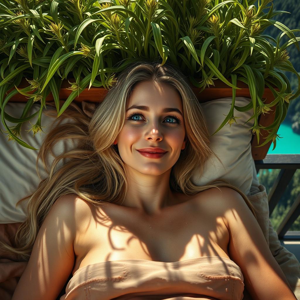 A photorealistic close-up portrait of a European woman lying in bed on a balcony, smiling as she gazes outside