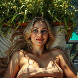 A photorealistic close-up portrait of a European woman lying in bed on a balcony, smiling as she gazes outside