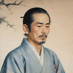 A gracefully illustrated image portraying a Japanese man, his features expressing the tranquility and poise inherent in Japanese culture.