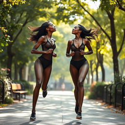 A pair of tall, slender, athletic black women with exceptionally long legs, intimately kissing each other while jogging