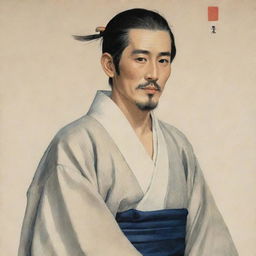 A gracefully illustrated image portraying a Japanese man, his features expressing the tranquility and poise inherent in Japanese culture.