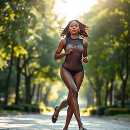 A tall, slender and athletic black woman with graceful, long legs jogging