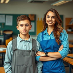 An artistic portrait of two new vocational school students introducing themselves in front of the class