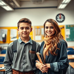 An artistic portrait of two new vocational school students introducing themselves in front of the class