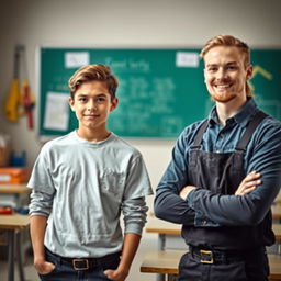 An artistic portrait of two new vocational school students introducing themselves in front of the class