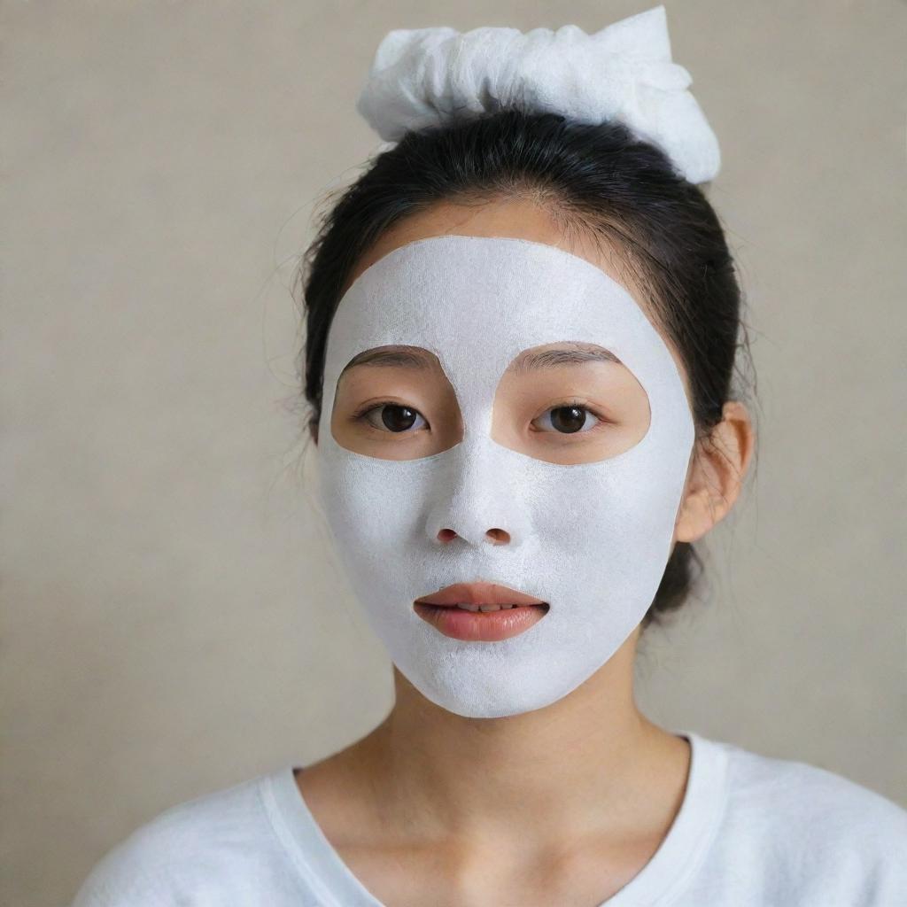 A Korean facial sheet mask being worn by a young girl.