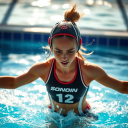 a young female athlete emerging from the pool in a water polo outfit, water cascading off her, the sun creating glistening highlights on the water, showcasing her determination and sportiness