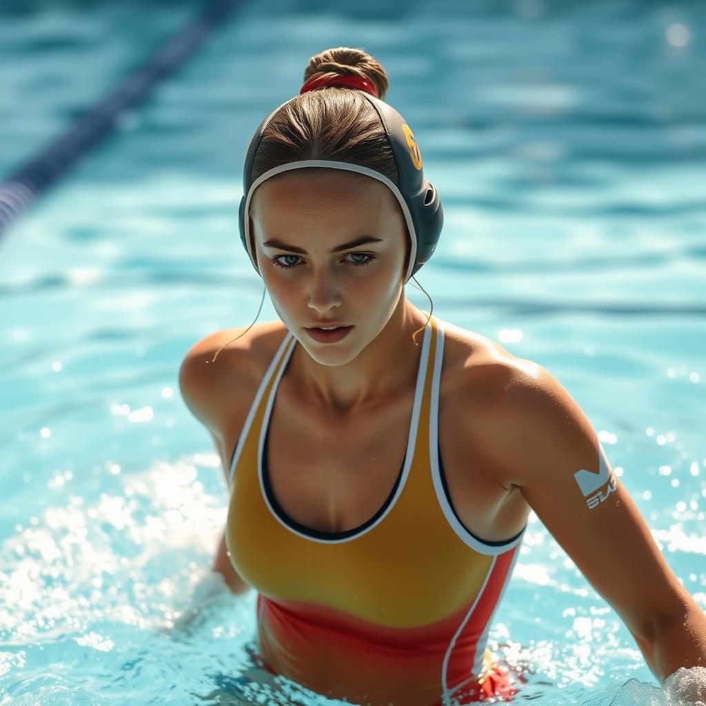 a young female athlete emerging from the pool in a water polo outfit, water cascading off her, the sun creating glistening highlights on the water, showcasing her determination and sportiness