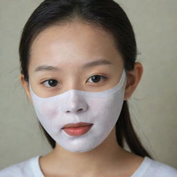 A Korean facial sheet mask being worn by a young girl.