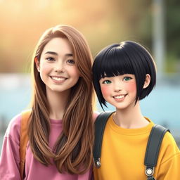 A charming art design portrait of two friendly teenage girls exemplifying warmth and camaraderie