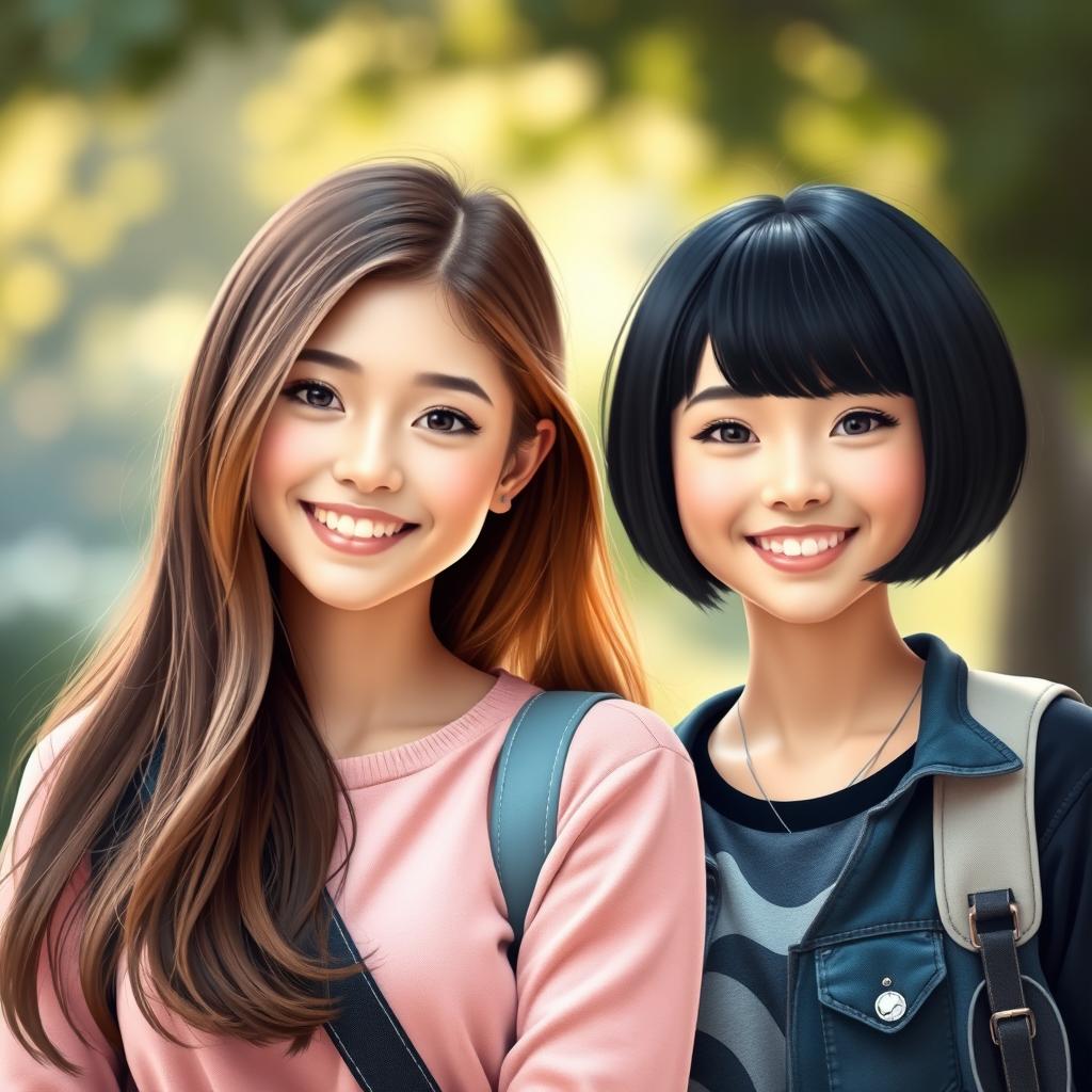 A charming art design portrait of two friendly teenage girls exemplifying warmth and camaraderie