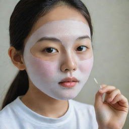 A Korean facial sheet mask being worn by a young girl.