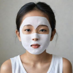 A Korean facial sheet mask being worn by a young girl.