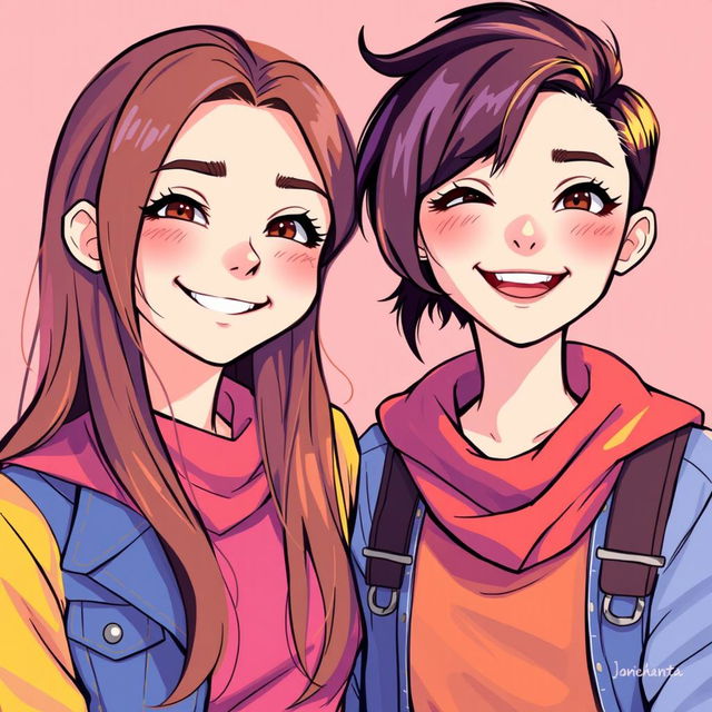 A digital art portrait featuring two friendly teenage girls, one with long brown hair cascading gracefully down her shoulders, the other with short, chic hair showcasing a modern style