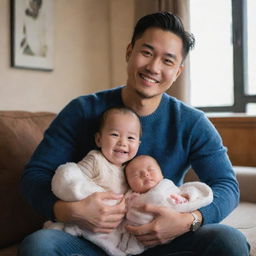 A cheerful image of Christian Yu, also known as DPR IAN or Yu Barom, lovingly holding a baby girl and a baby boy in a cozy, warm setting.