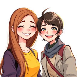 A digital art portrait featuring two friendly teenage girls, one with long brown hair cascading gracefully down her shoulders, the other with short, chic hair showcasing a modern style