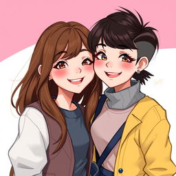 A digital art portrait featuring two friendly teenage girls, one with long brown hair cascading gracefully down her shoulders, the other with short, chic hair showcasing a modern style