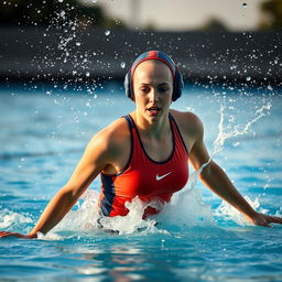 a young female athlete in a water polo outfit completely emerging from the water, droplets flying in the air, showcasing her strength and grace under the afternoon sun