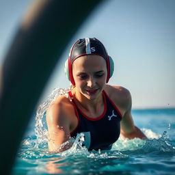 a young female athlete in a water polo outfit completely emerging from the water, droplets flying in the air, showcasing her strength and grace under the afternoon sun