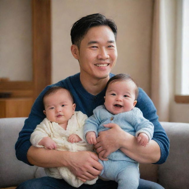 A cheerful image of Christian Yu, also known as DPR IAN or Yu Barom, lovingly holding a baby girl and a baby boy in a cozy, warm setting.