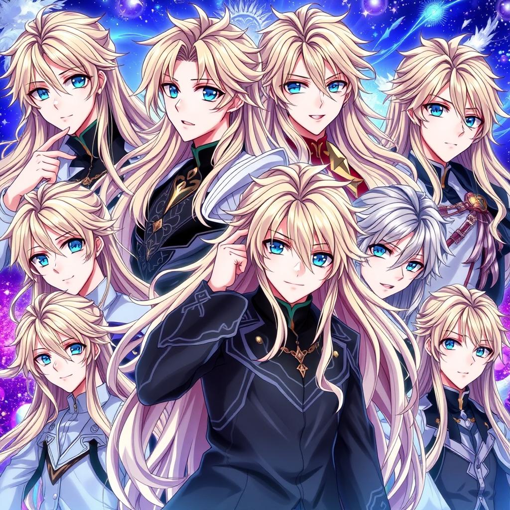 A collection of handsome anime boys with flaxen long hair and captivating blue eyes