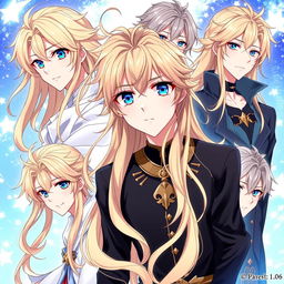 A collection of handsome anime boys with flaxen long hair and captivating blue eyes