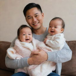 A cheerful image of Christian Yu, also known as DPR IAN or Yu Barom, lovingly holding a baby girl and a baby boy in a cozy, warm setting.