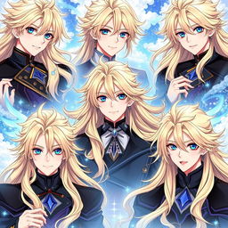 A collection of handsome anime boys with flaxen long hair and captivating blue eyes