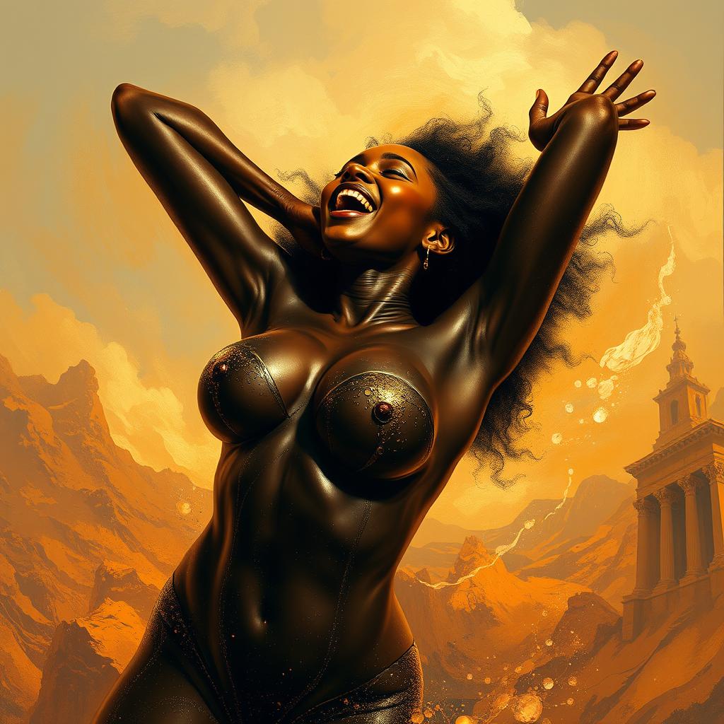 Ebony BBW with an expression of ecstasy, surrounded by an abstract, surreal landscape