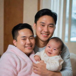 A cheerful image of Christian Yu, also known as DPR IAN or Yu Barom, lovingly holding a baby girl and a baby boy in a cozy, warm setting.