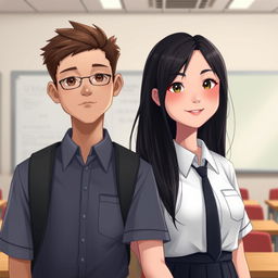 A digital art portrait capturing a self-introduction scene of two new vocational school students standing confidently in front of their class