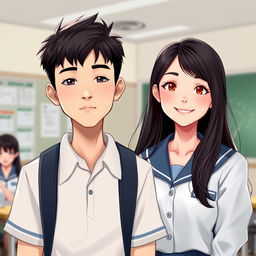 A digital art portrait capturing a self-introduction scene of two new vocational school students standing confidently in front of their class