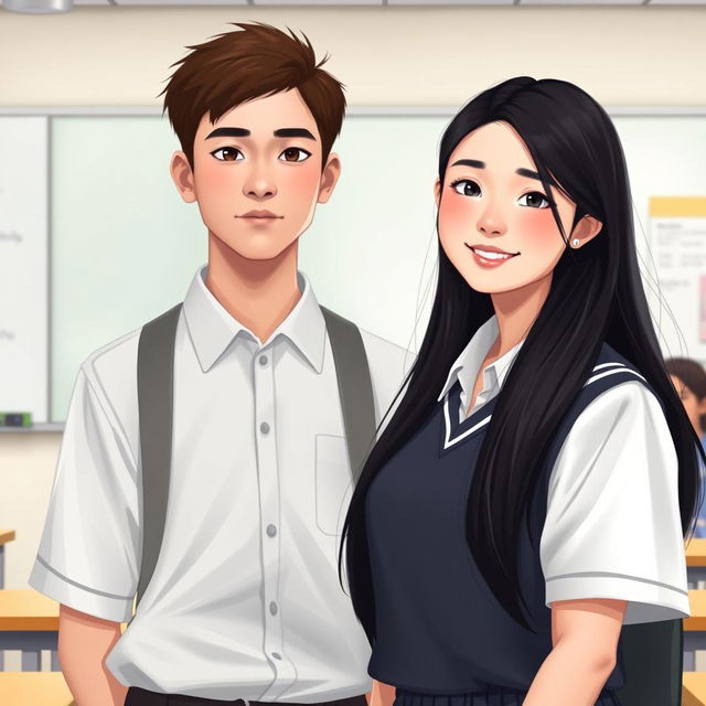 A digital art portrait capturing a self-introduction scene of two new vocational school students standing confidently in front of their class