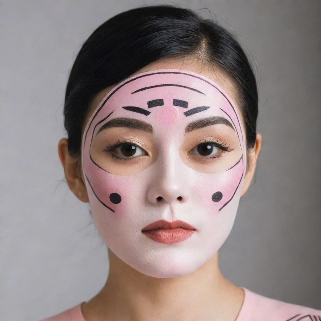 A girl wearing a Korean facial sheet mask, imprinted with 1920s Art Deco inspired makeup. The print features high black thin eyebrows, bright blush, and a fake mole.