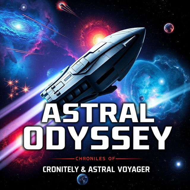 A captivating sci-fi book cover for "Astral Odyssey - Chronicles of the Starship Astral Voyager