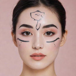 A girl wearing a Korean facial sheet mask, imprinted with 1920s Art Deco inspired makeup. The print features high black thin eyebrows, bright blush, and a fake mole.