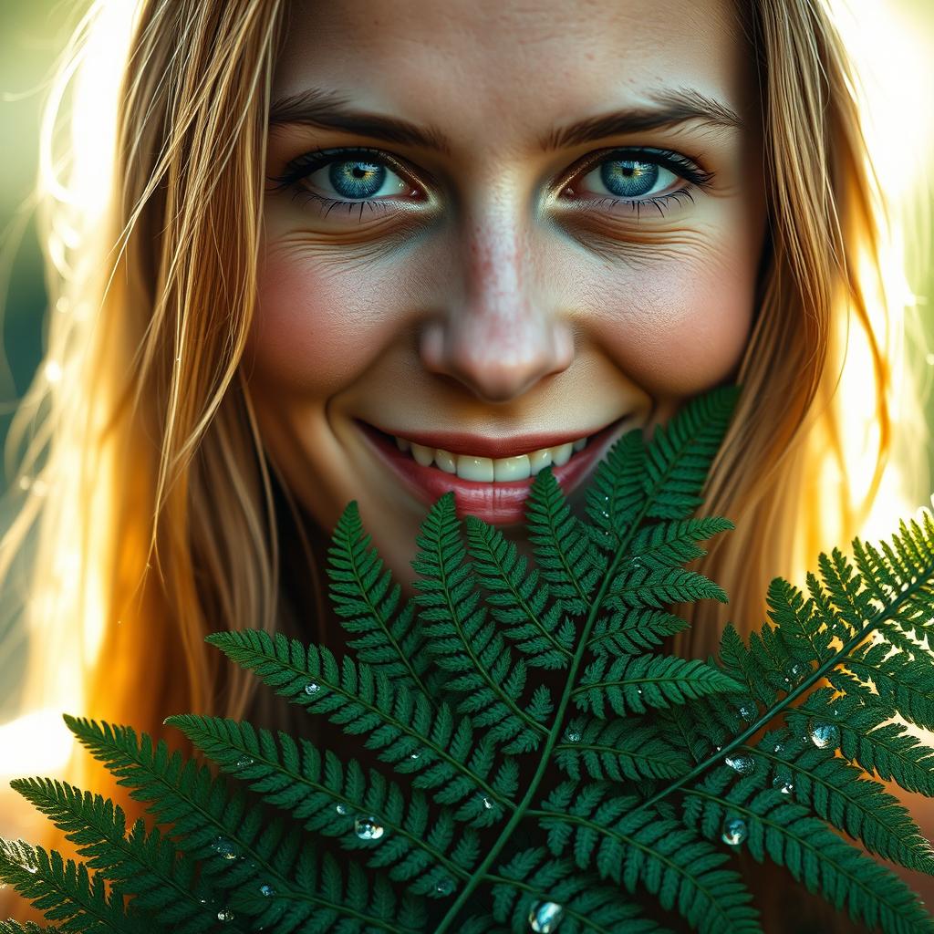 A photorealistic close-up portrait of a smiling European woman with long blonde hair and blue eyes