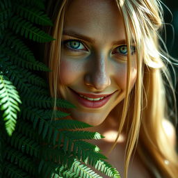 A photorealistic close-up portrait of a smiling European woman with long blonde hair and blue eyes