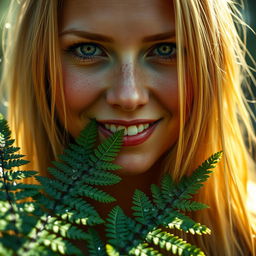 A photorealistic close-up portrait of a smiling European woman with long blonde hair and blue eyes