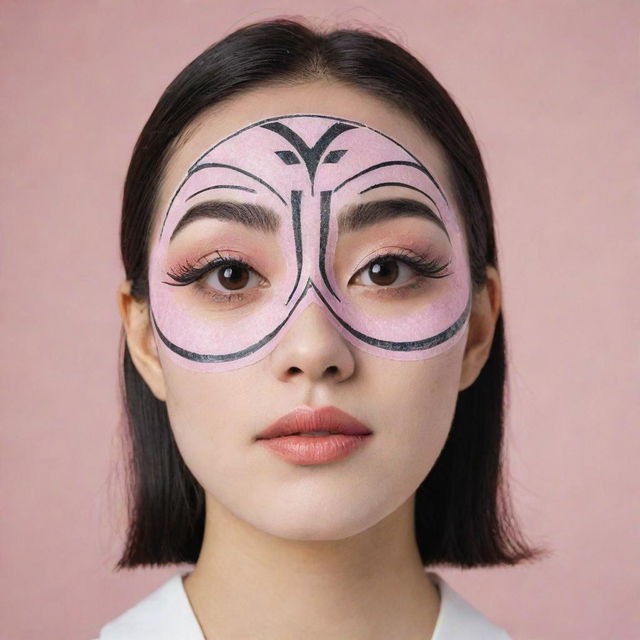 A girl wearing a Korean facial sheet mask, imprinted with 1920s Art Deco inspired makeup. The print features high black thin eyebrows, bright blush, and a fake mole.