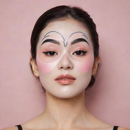 A girl wearing a Korean facial sheet mask, imprinted with 1920s Art Deco inspired makeup. The print features high black thin eyebrows, bright blush, and a fake mole.