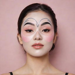 A girl wearing a Korean facial sheet mask, imprinted with 1920s Art Deco inspired makeup. The print features high black thin eyebrows, bright blush, and a fake mole.