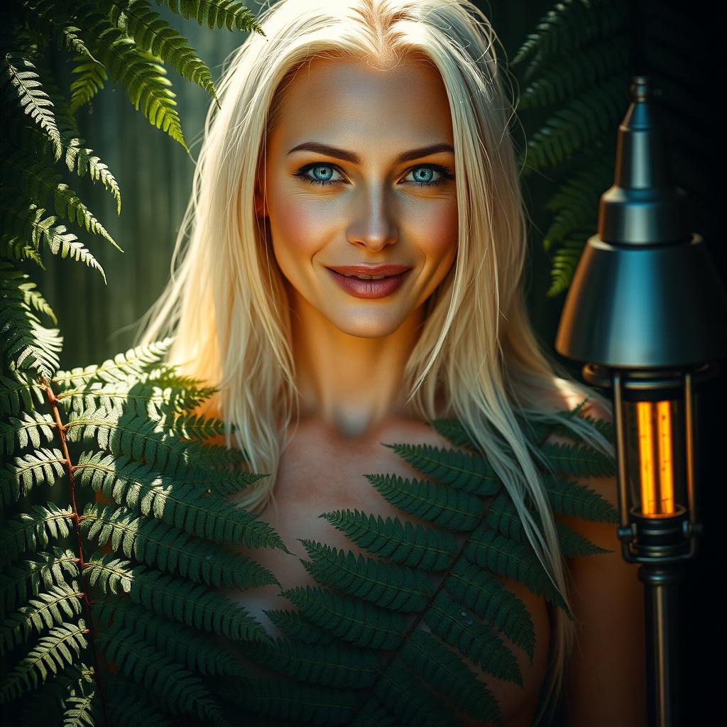 A photorealistic portrait of a European woman with fair skin and long white hair, smiling directly at the viewer