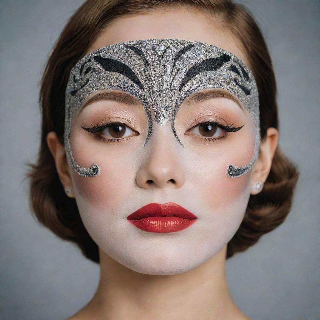 A girl wearing a Korean facial sheet mask with a print of lady's makeup in 1920s Art Deco style, embodying the aesthetics of Marlene Dietrich and Gatsby. No additional images or paintings on the mask.