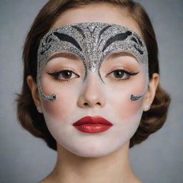 A girl wearing a Korean facial sheet mask with a print of lady's makeup in 1920s Art Deco style, embodying the aesthetics of Marlene Dietrich and Gatsby. No additional images or paintings on the mask.