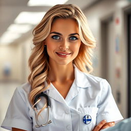 A stunning Australian nurse with a caring and professional demeanor, wearing a classic white nurse's uniform