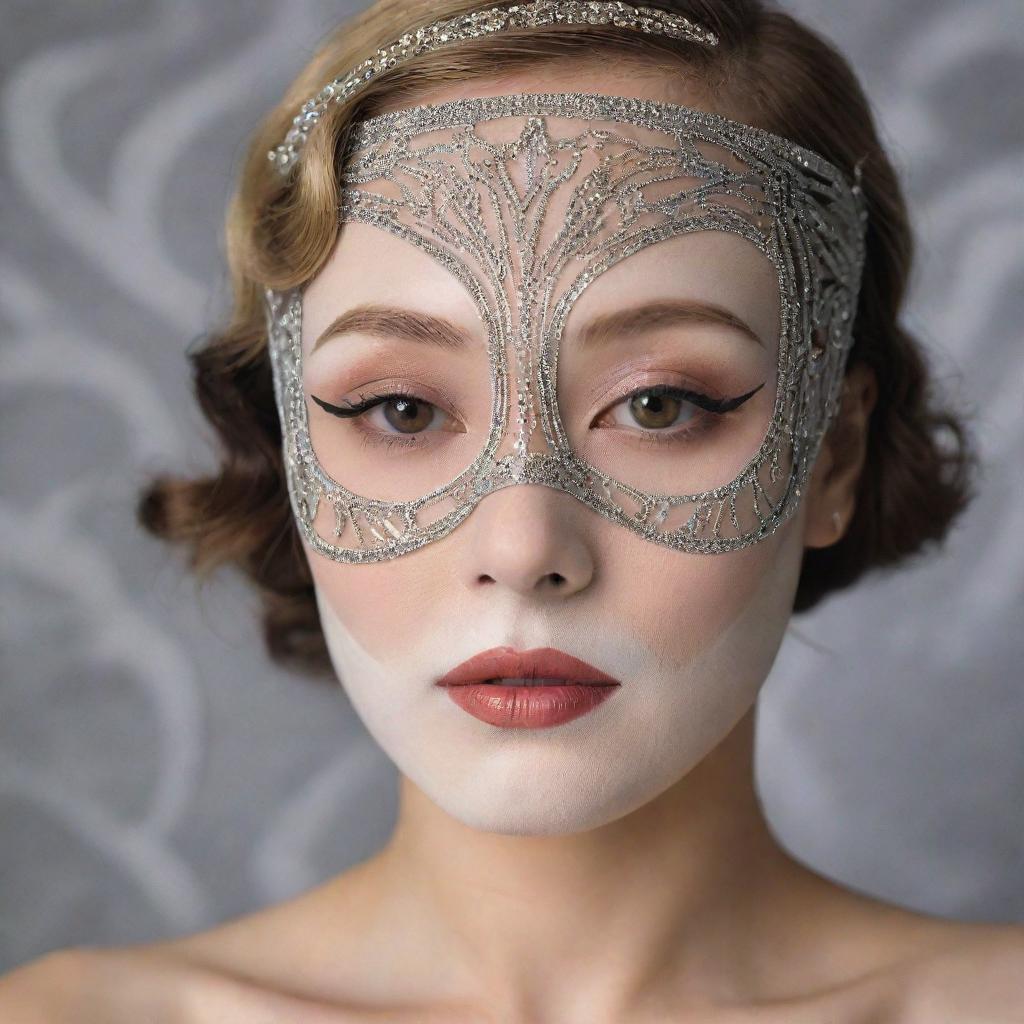 A girl wearing a Korean facial sheet mask with a print of lady's makeup in 1920s Art Deco style, embodying the aesthetics of Marlene Dietrich and Gatsby. No additional images or paintings on the mask.