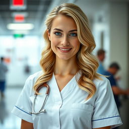 A stunning Australian nurse with a caring and professional demeanor, wearing a classic white nurse's uniform